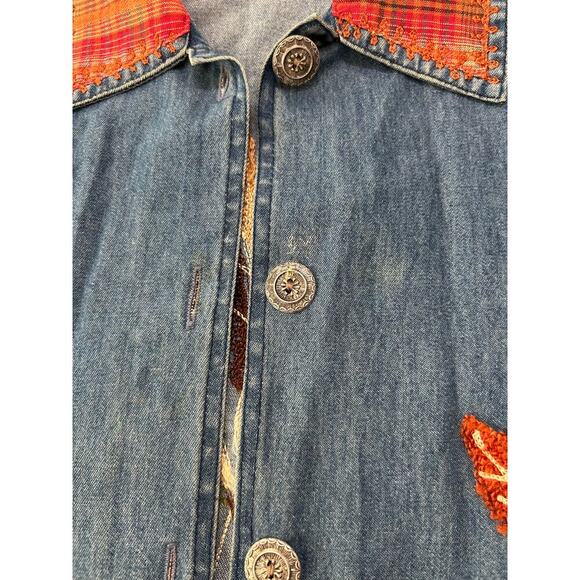 Vintage 90s Keren Hart Fall Autumn Leaf Embroidered Denim Button Down Orange M - Picture 8 of 10